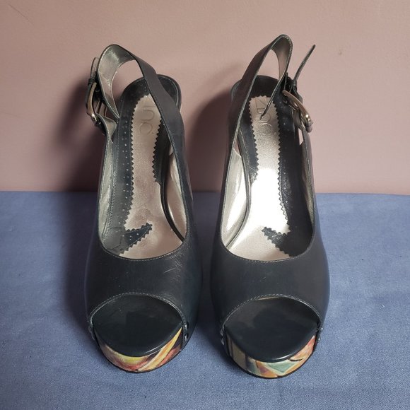 ZINC Dark Teal Blue Leather Peep Toe 5" Platform Wedge Heels Shoes 9.5M - Picture 2 of 5